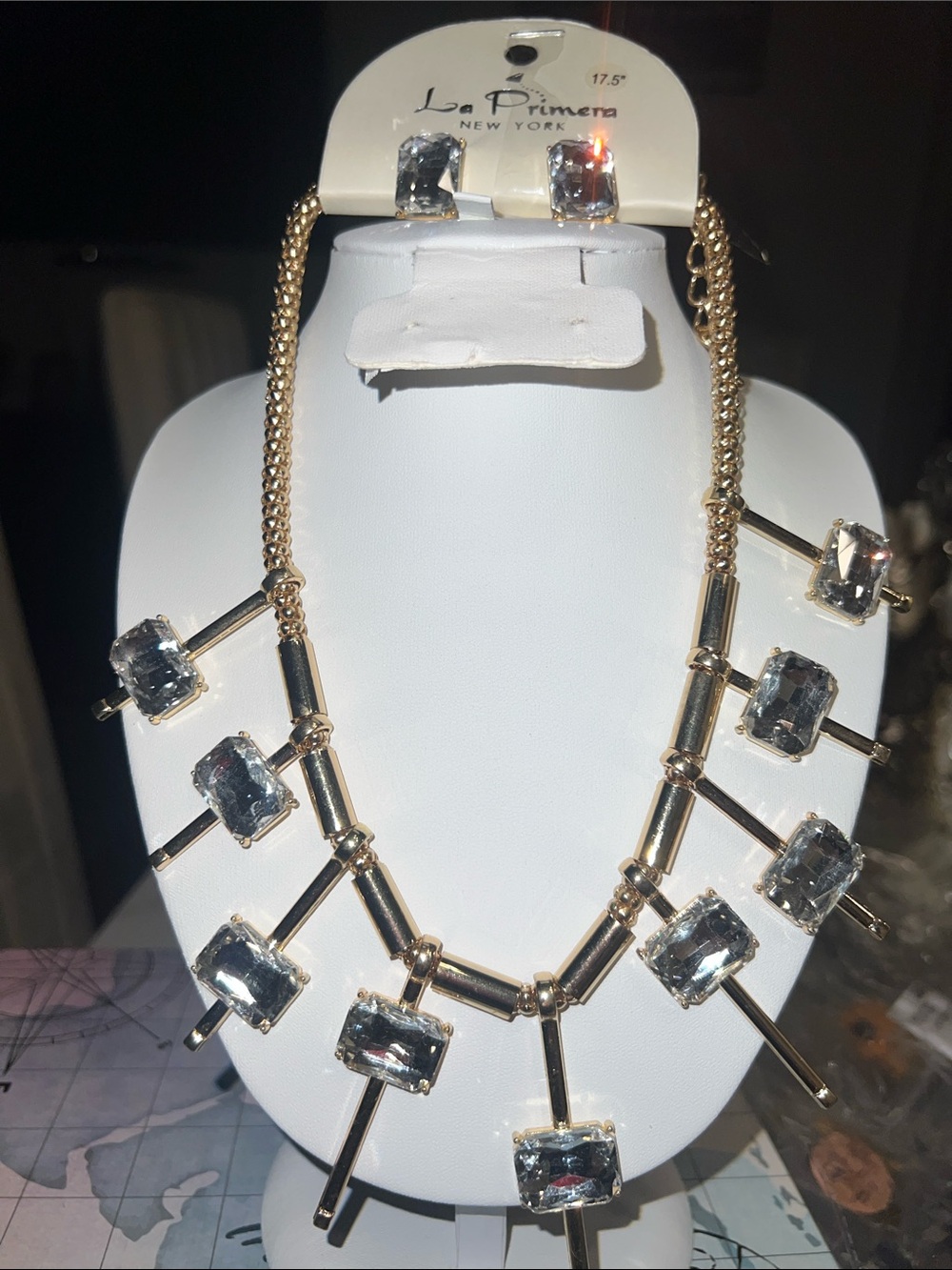 Gold Statement Necklace and Earring set with Clear Crystal Accents